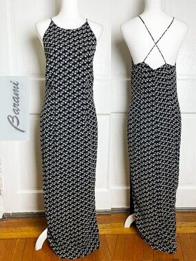 Vintage Barami Geometric Print Halter Maxi Dress Black Cream Silk Blend Size 4
